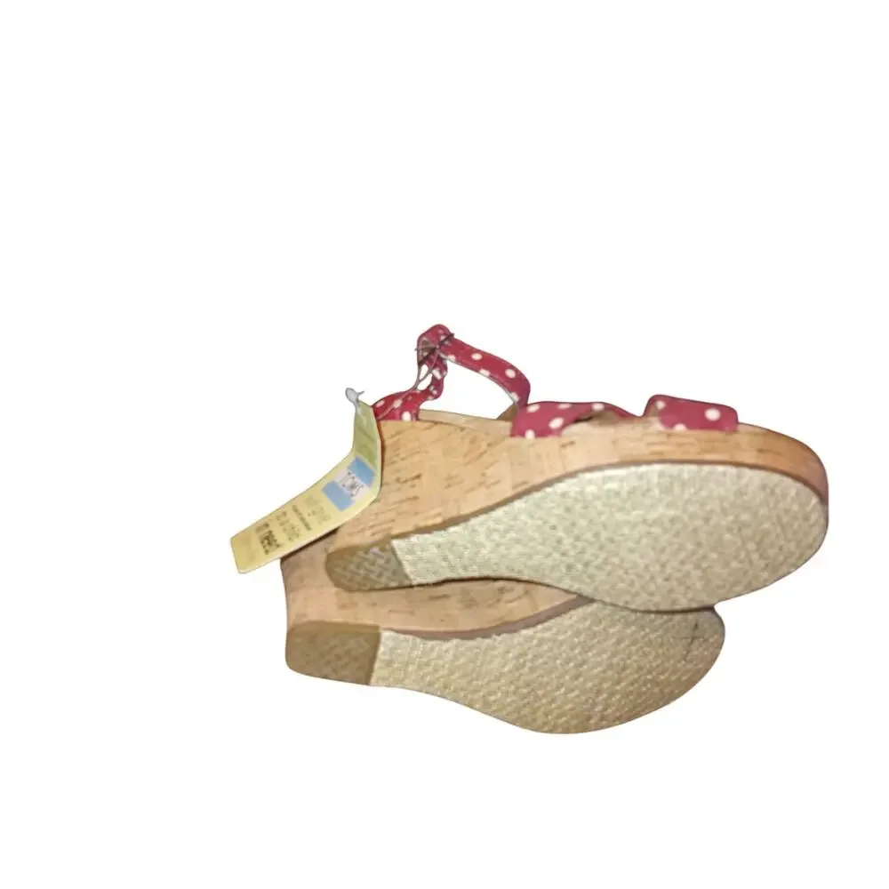 TOMS Red Polka dot Strappy wedge shoes size W5 NWT